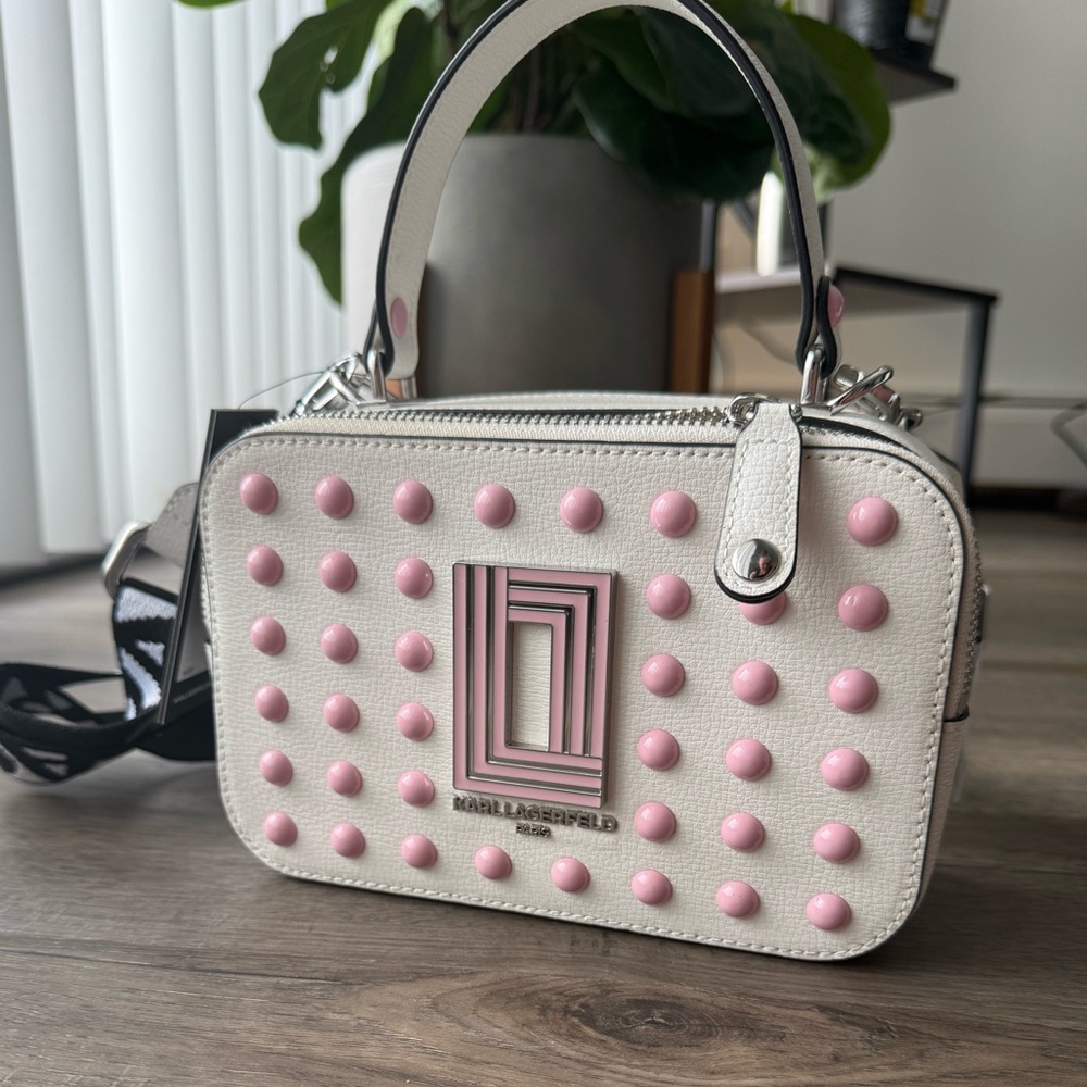 NWT Karl Lagerfeld White and Pink Studded Crossbody Bag